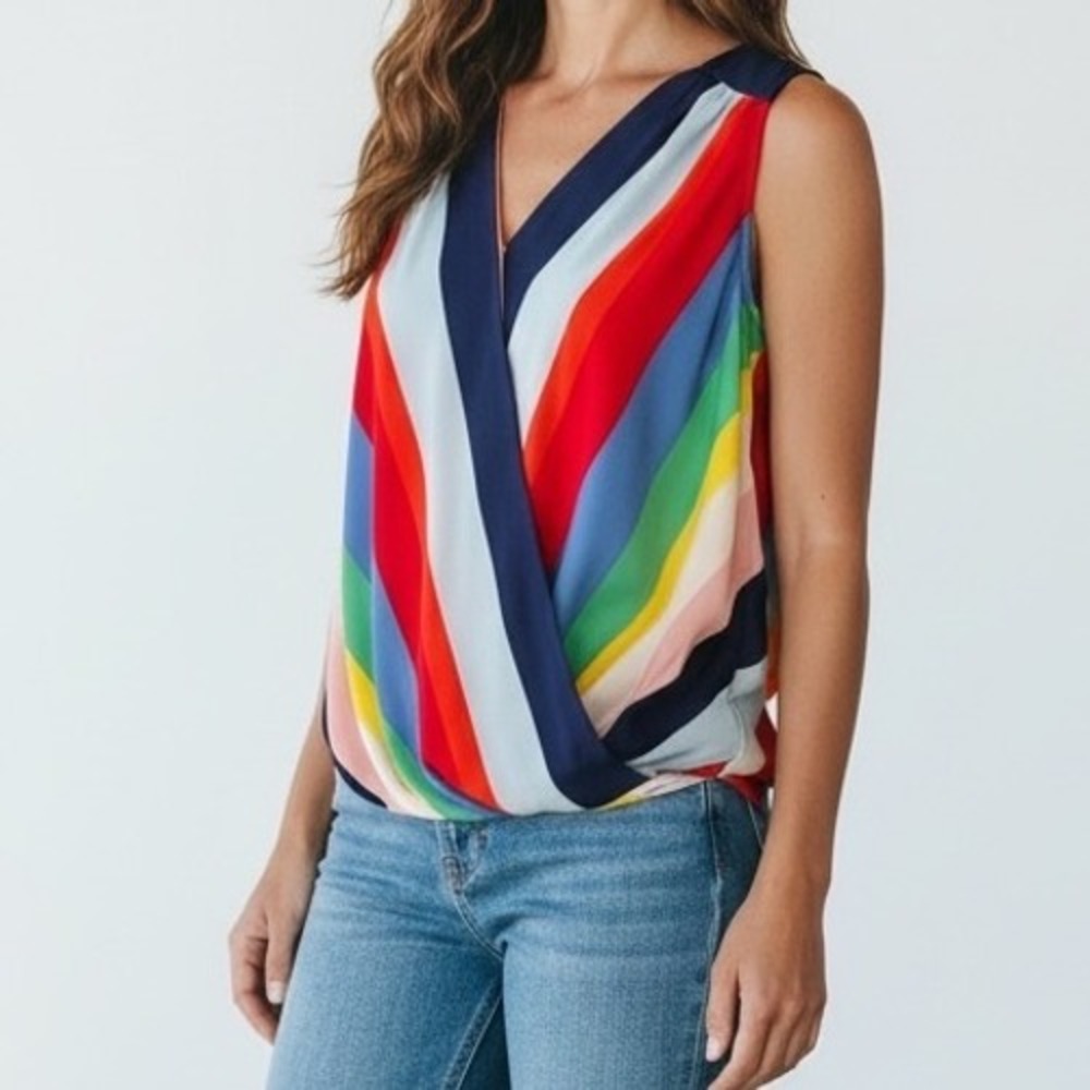 Tommy Hilfiger Womens Medium Rainbow Stripe Surplice Sleeveless Blouse V-Neck M